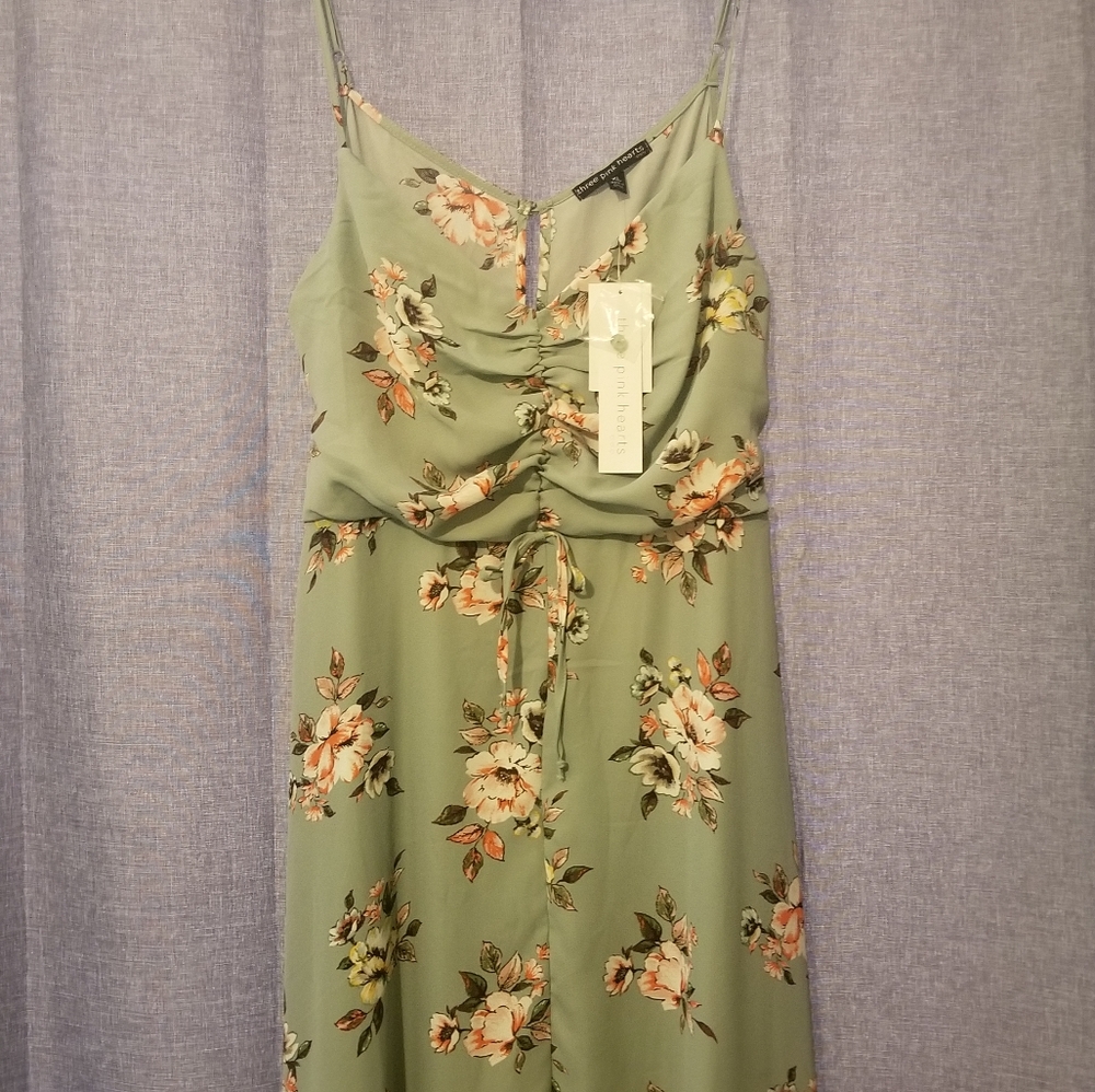 Summer Dress Three Pink Heart Sage Green Floral Flowy Pretty Spaghetti Dress NWT